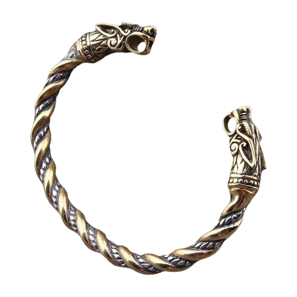 Bracelet torque viking en torsade dorée et argentée, deux têtes de dragon dorées