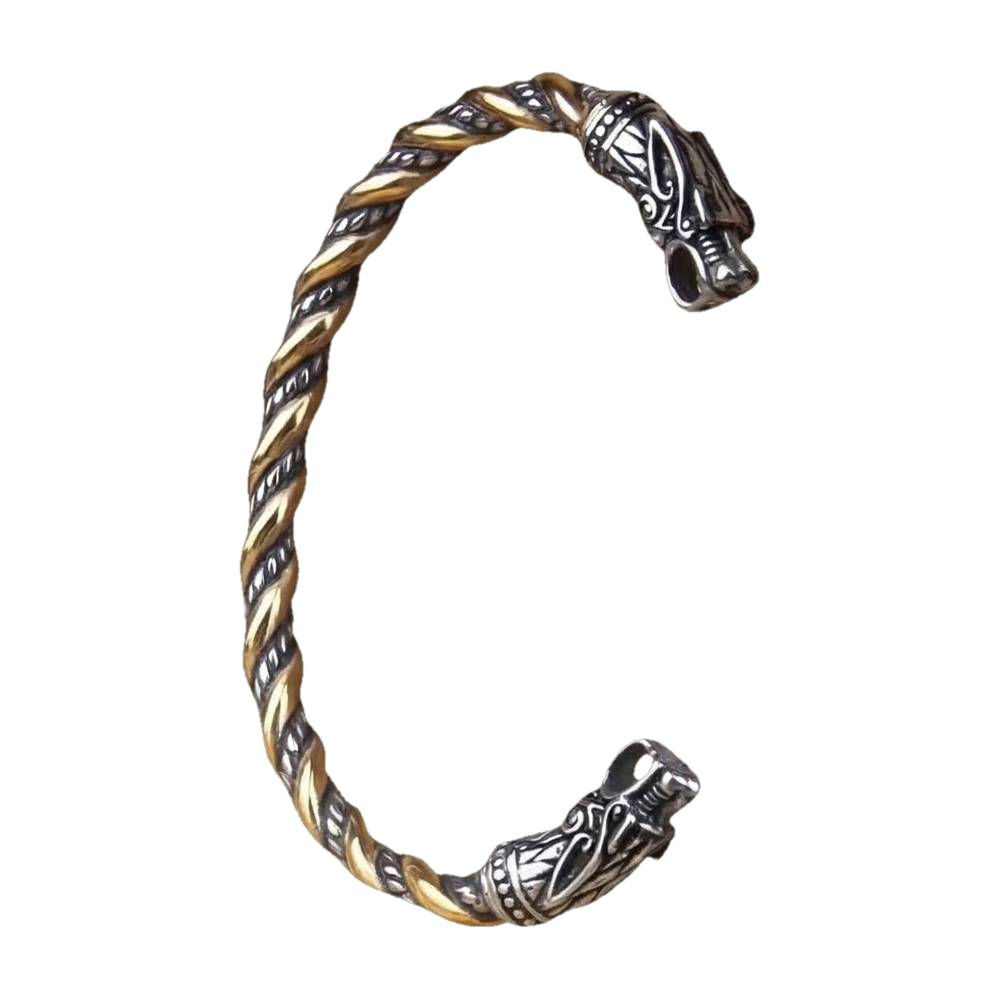 Bracelet torque viking en torsade dorée et argentée, deux têtes de dragon en acier