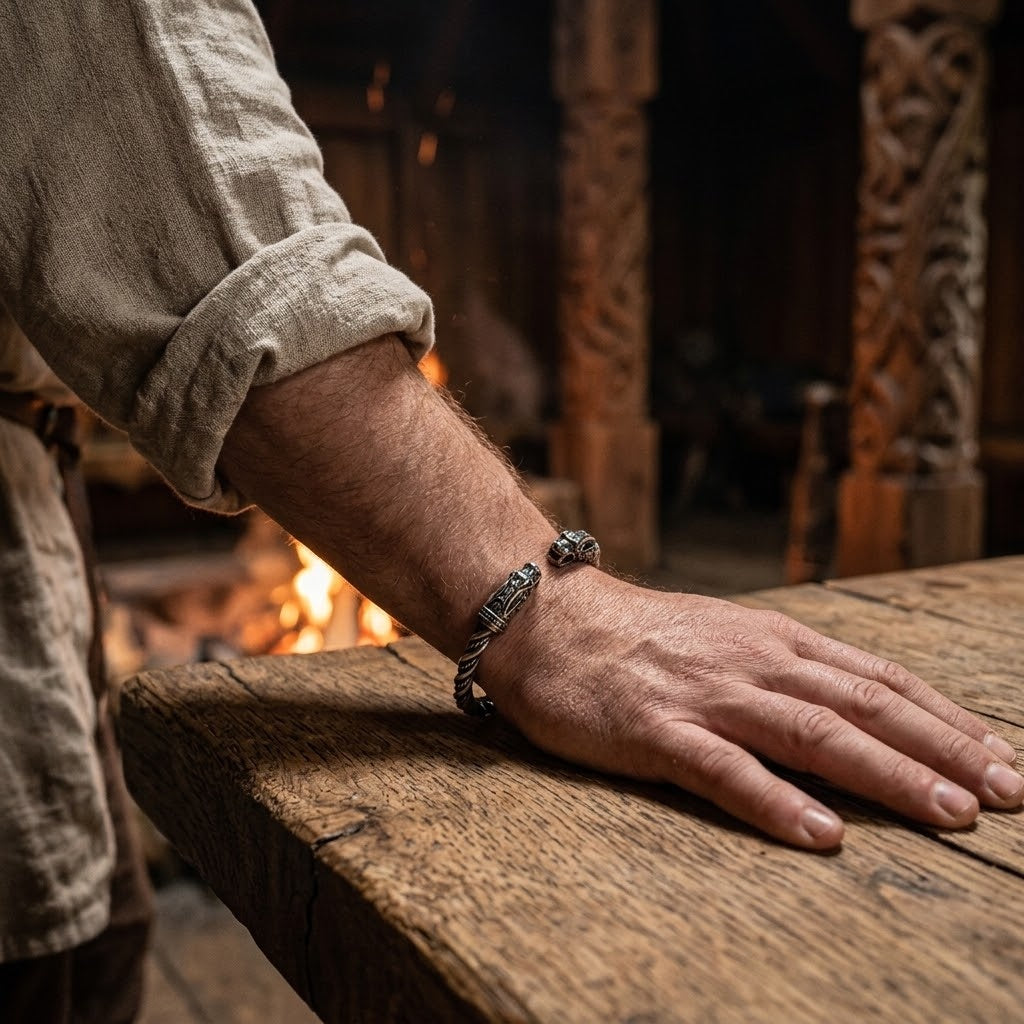 Bracelet torque viking à têtes de dragon en acier vieilli porté au poignet, sur une table de chêne dans une maison longue éclairée par le feu