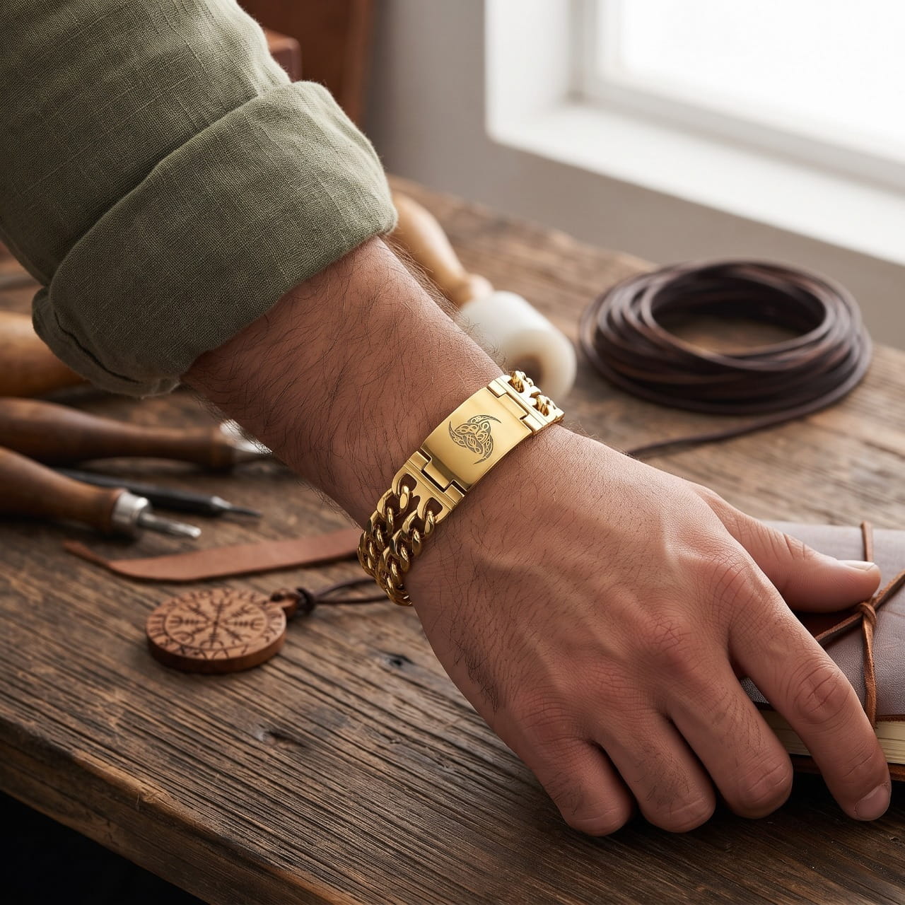 Bracelet viking à maillons épais et plaque gravée, finition dorée, porté au poignet dans un atelier de cuir