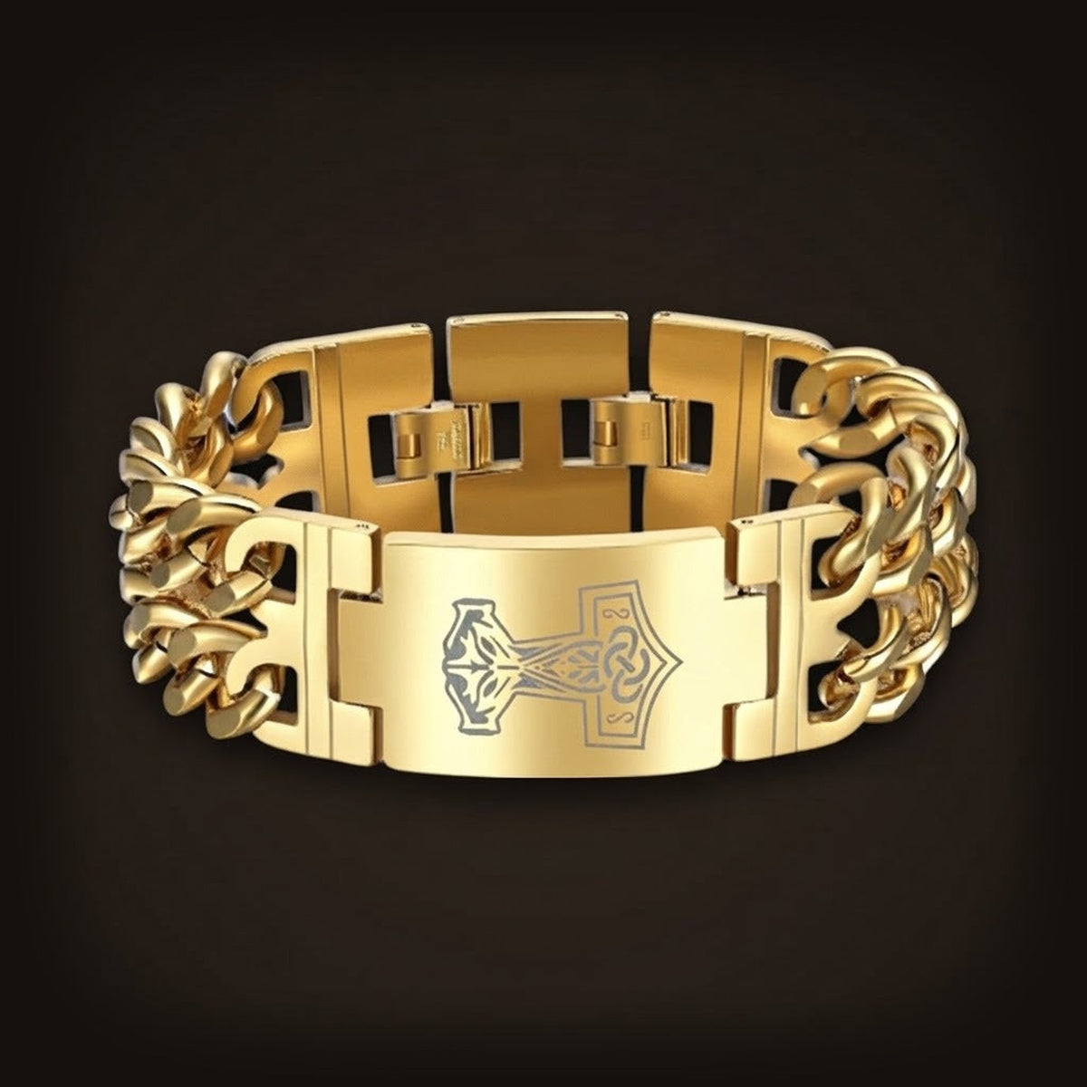 Bracelet viking à mailles en acier doré, plaque gravée du marteau de Thor en entrelacs