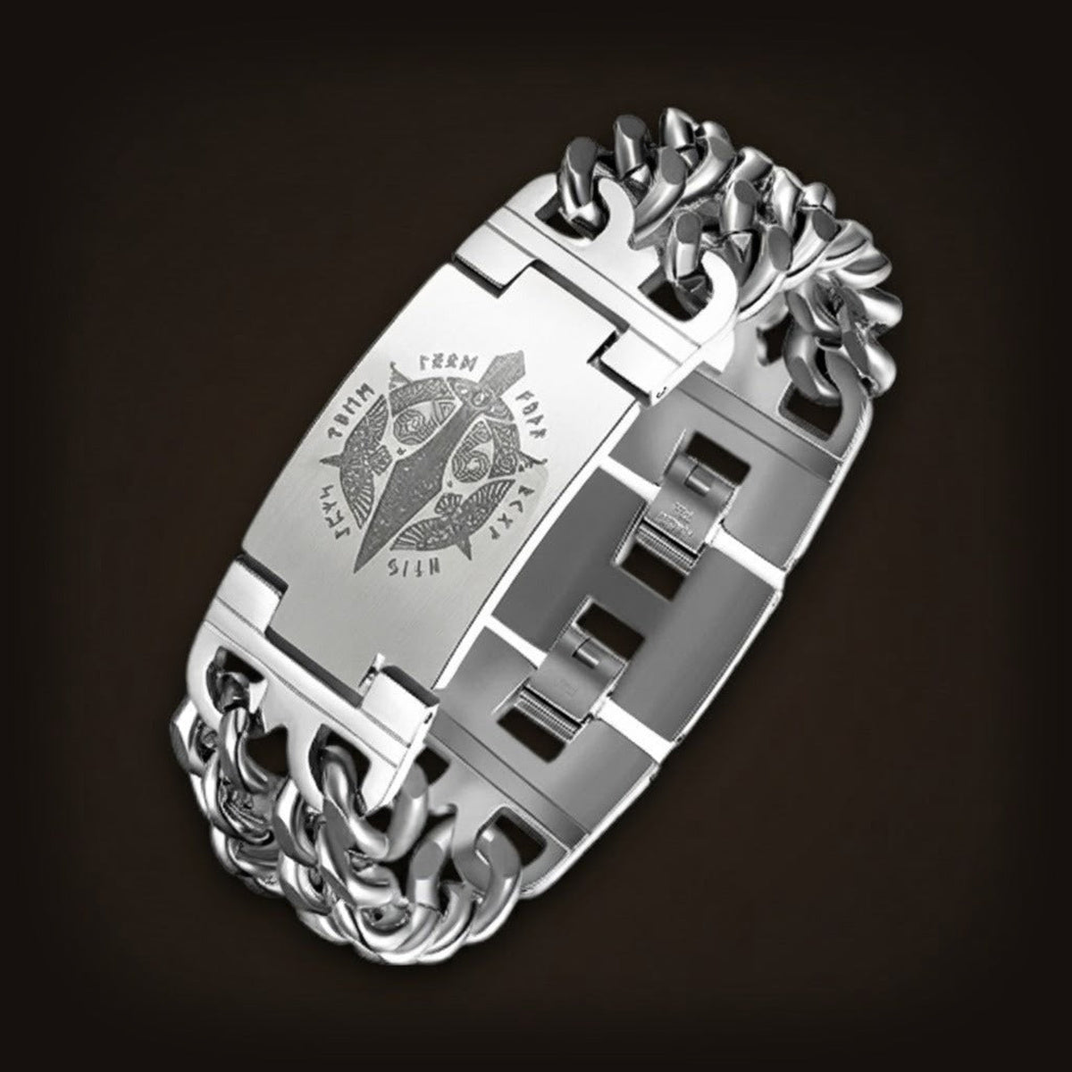 Bracelet viking en acier argenté, plaque gravée d'un corbeau entouré de runes, maillons gourmette
