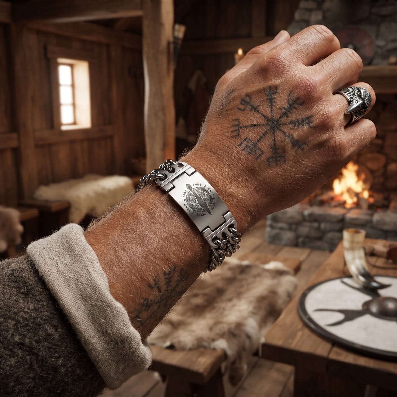 Bracelet viking à plaque gravée d'un corbeau sur cordon tressé noir, porté sur un avant-bras tatoué d'un Vegvísir
