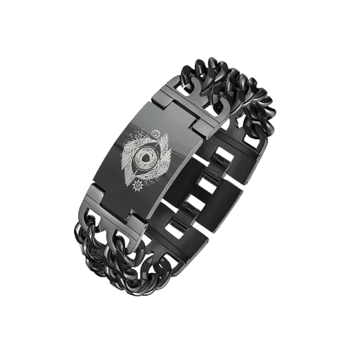 Bracelet viking cuir tresse noir tete de loup fenrir acier