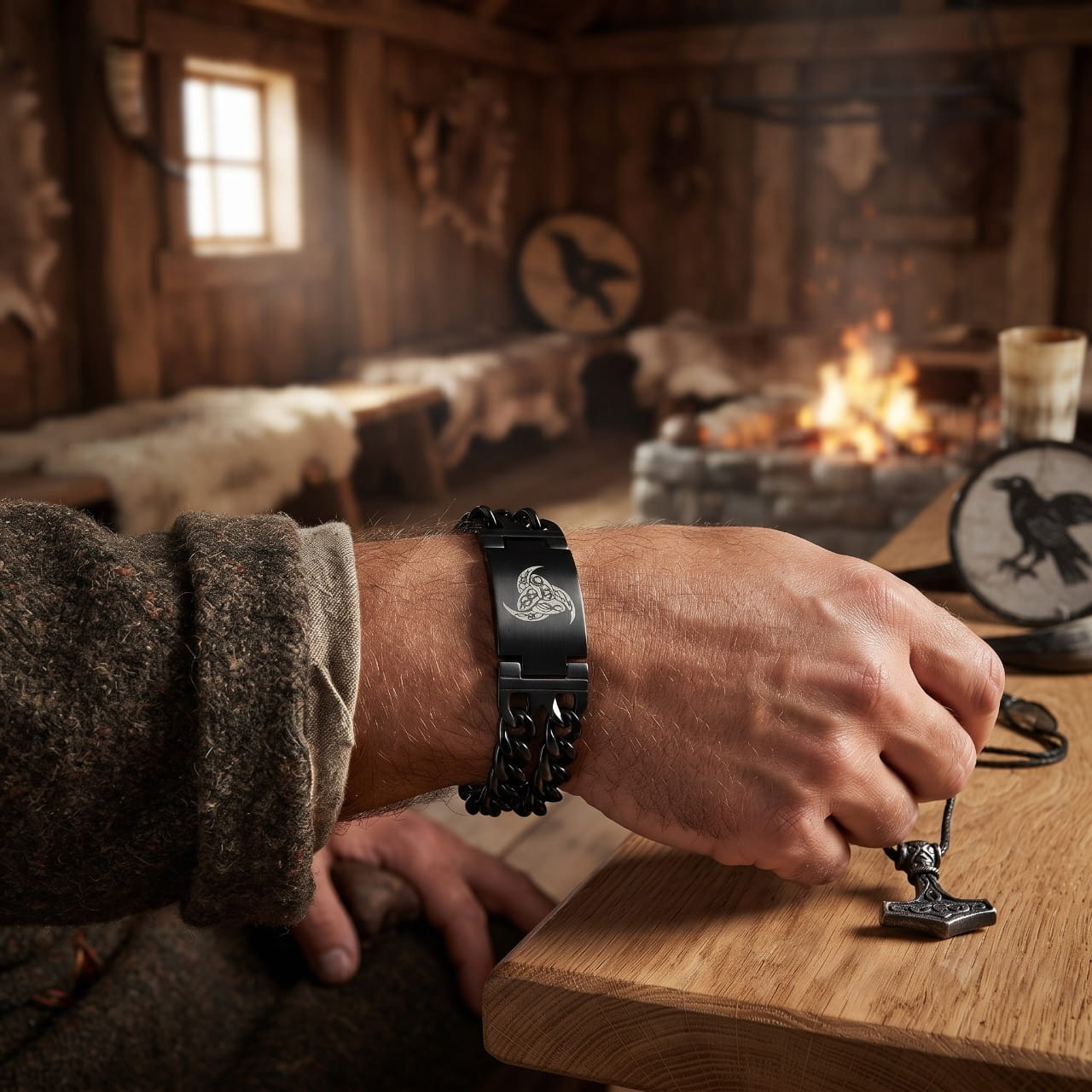 Bracelet viking noir à plaque gravée d'une tête de loup, porté au poignet près du foyer