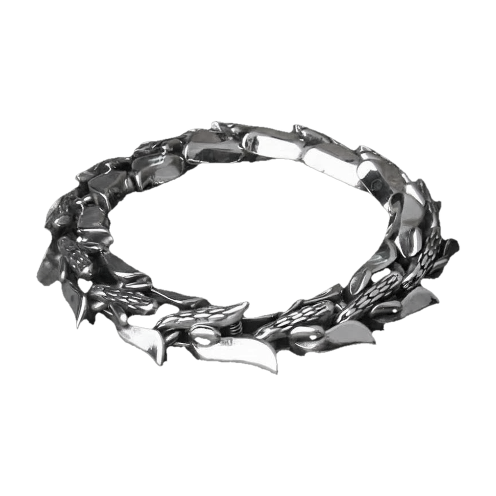Bracelet viking Ouroboros en acier ciselé, écailles et tête de dragon finement texturées