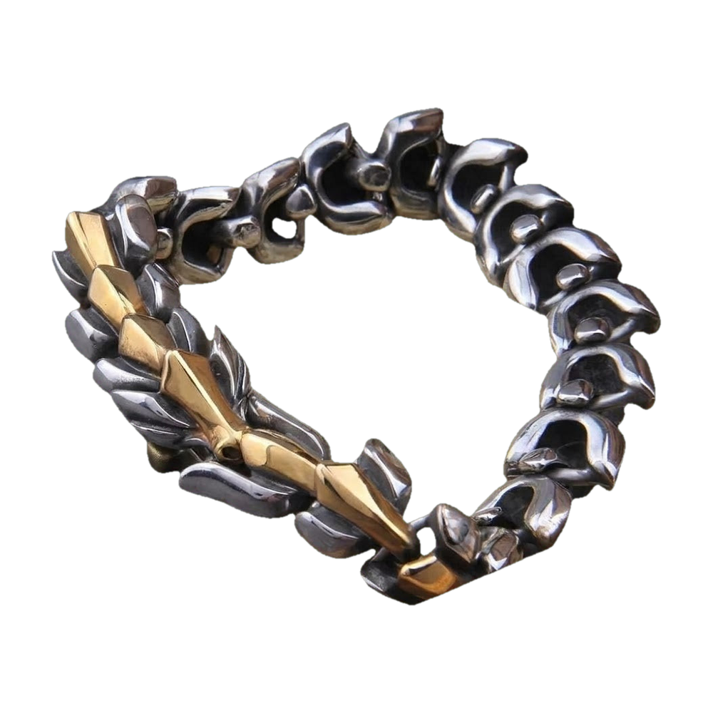 Bracelet viking Ouroboros en acier, une rangée d’écailles dorées sur le dos du dragon