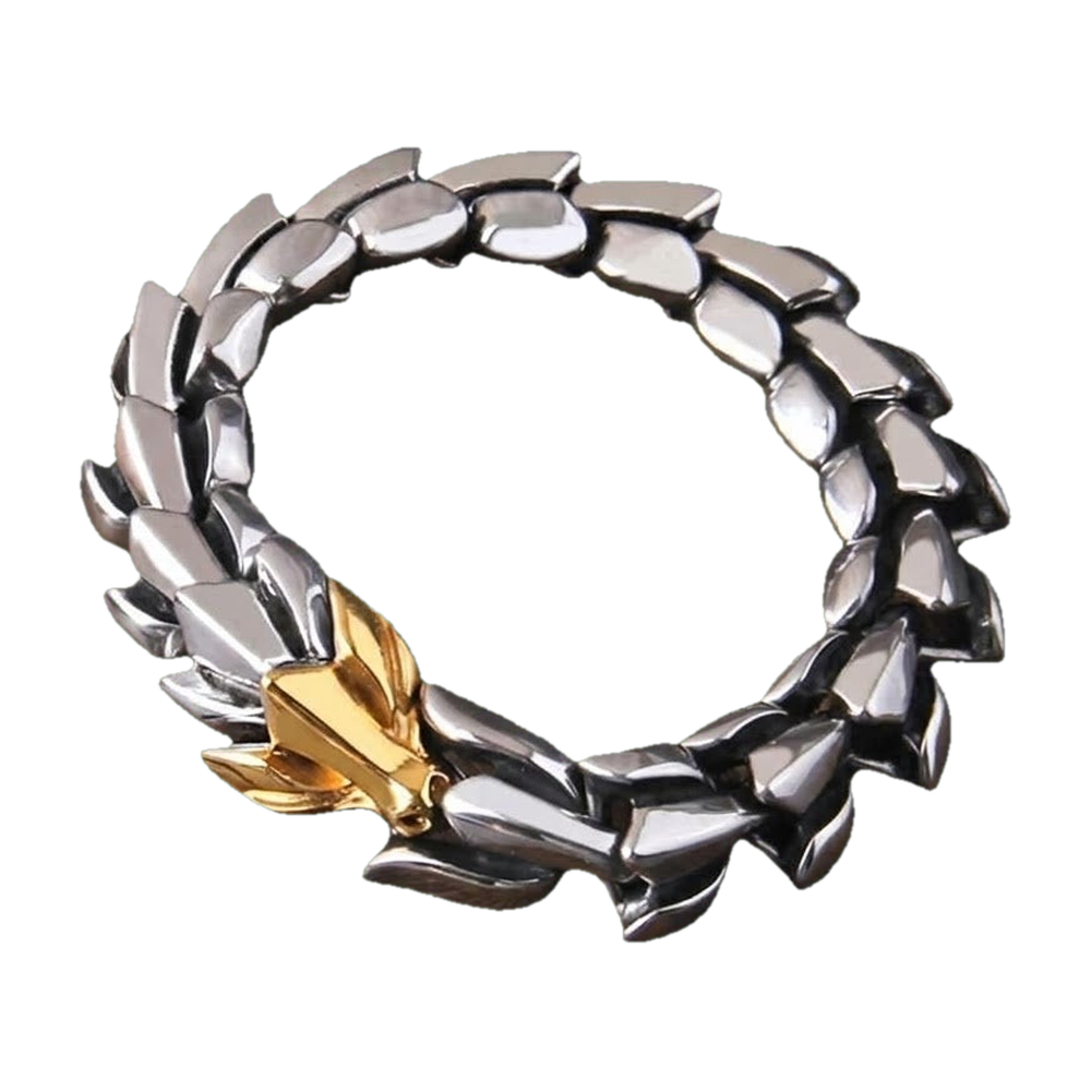 Bracelet viking Ouroboros en acier, tête de dragon dorée mordant la queue