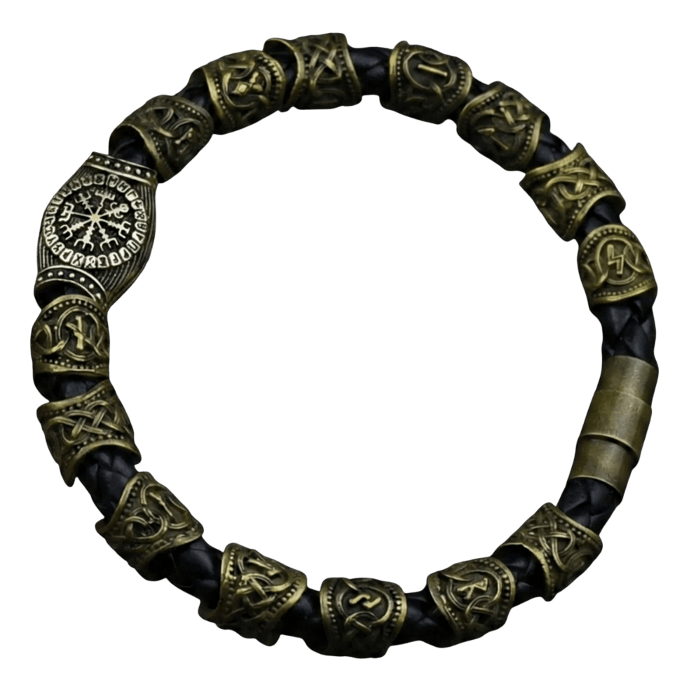 Bracelet viking runes nordiques Vegvisir en cuir tresse avec perles runiques Elder Futhark