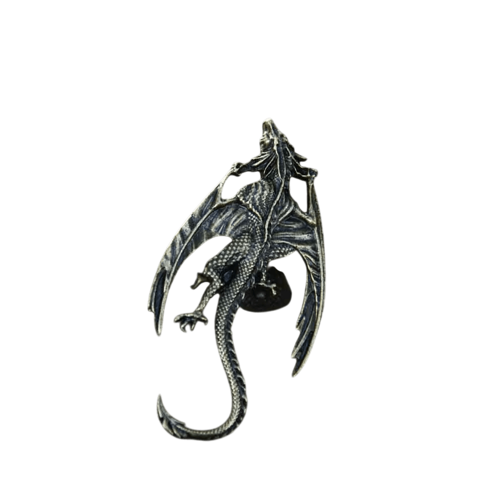 Broche viking dragon perché, alliage finition bronze, ailes repliées et longue queue écailleuse