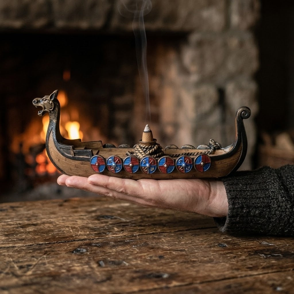 Brûleur d'encens viking en forme de drakkar à tête de dragon et boucliers peints, 25 cm, posé le long d'une main devant une cheminée