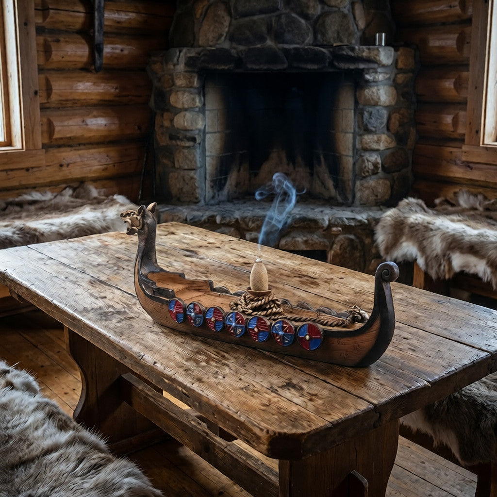 Brûleur d'encens viking Dragon en action avec cascade de fumée sur une table en bois rustique, décoration viking immersive.
