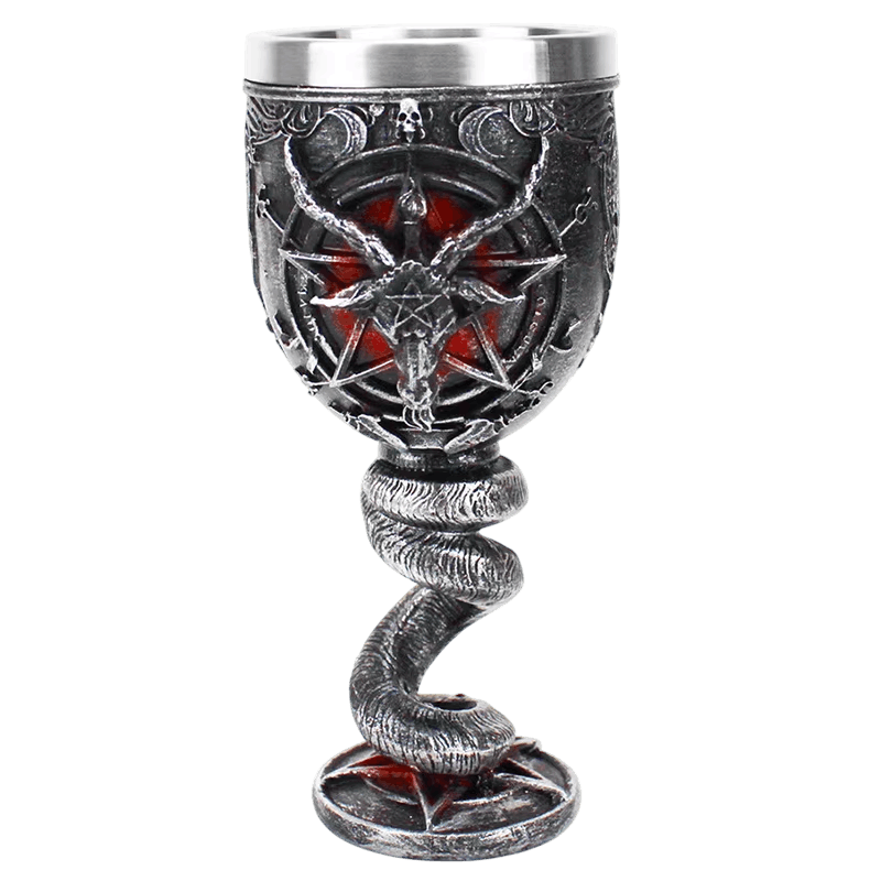 Calice Baphomet en résine sculptée argent, pentagramme sabbatique rouge et fût à deux serpents