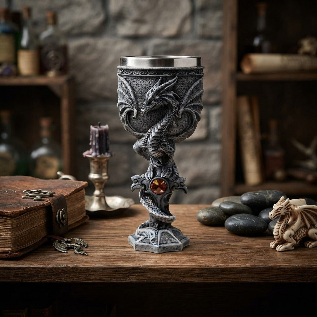 Calice dragon ailé argent posé sur un bois sombre éclairé à la bougie