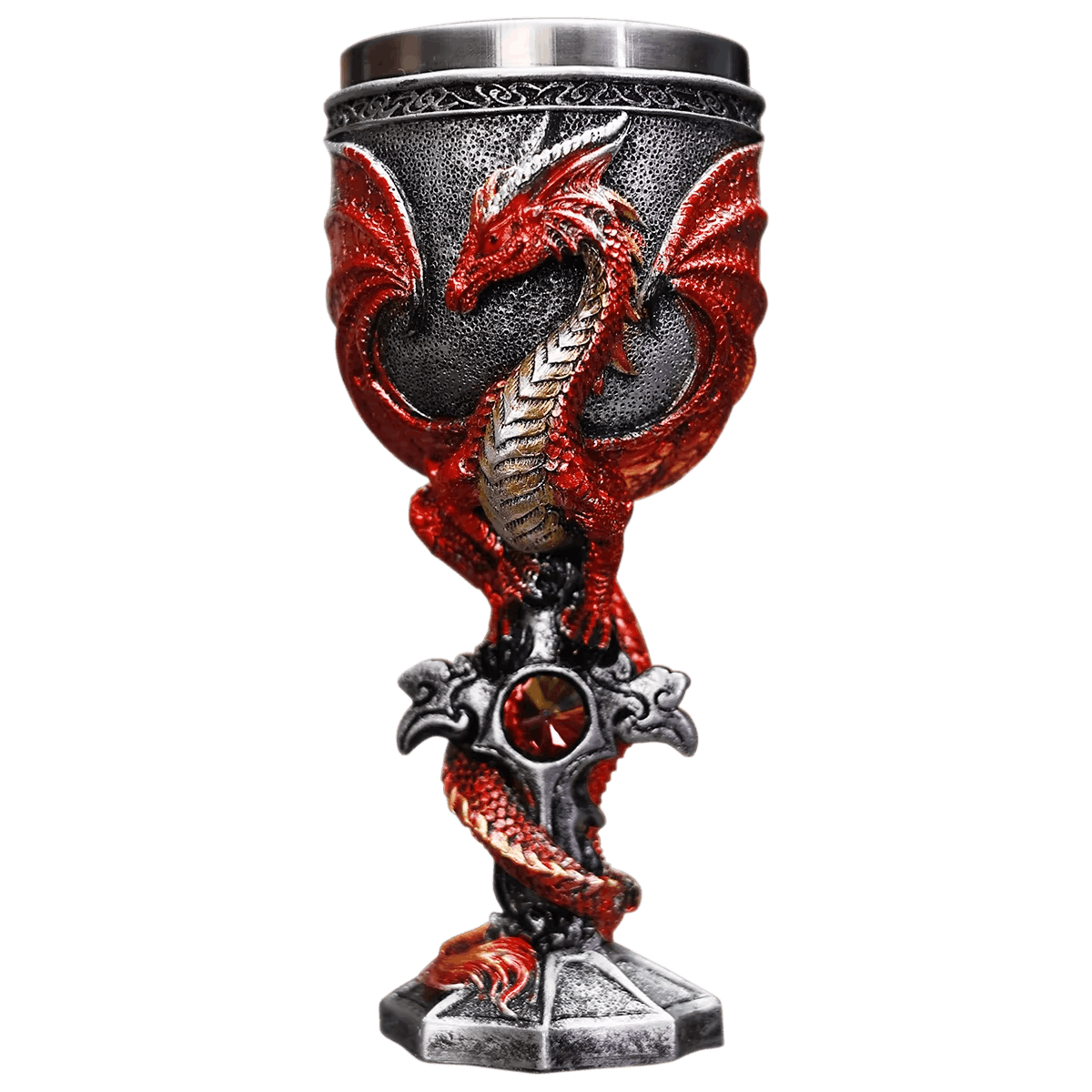 Calice dragon ailé rouge sur fût en croix d'argent, gemme d'ambre sertiée, résine sculptée et godet acier