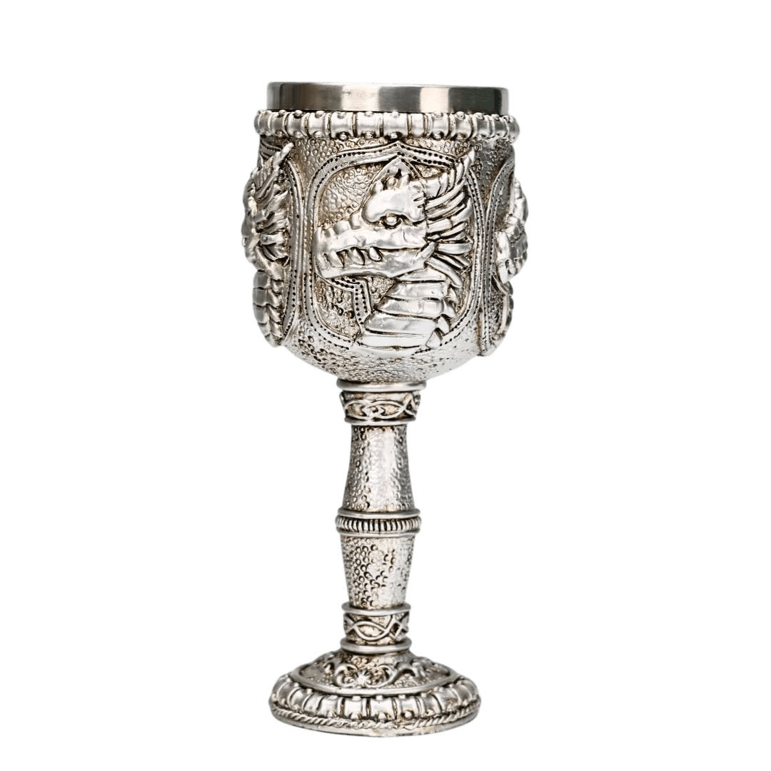Calice dragon d'argent en résine sculptée, médaillons en arcade et fût balustre, godet acier
