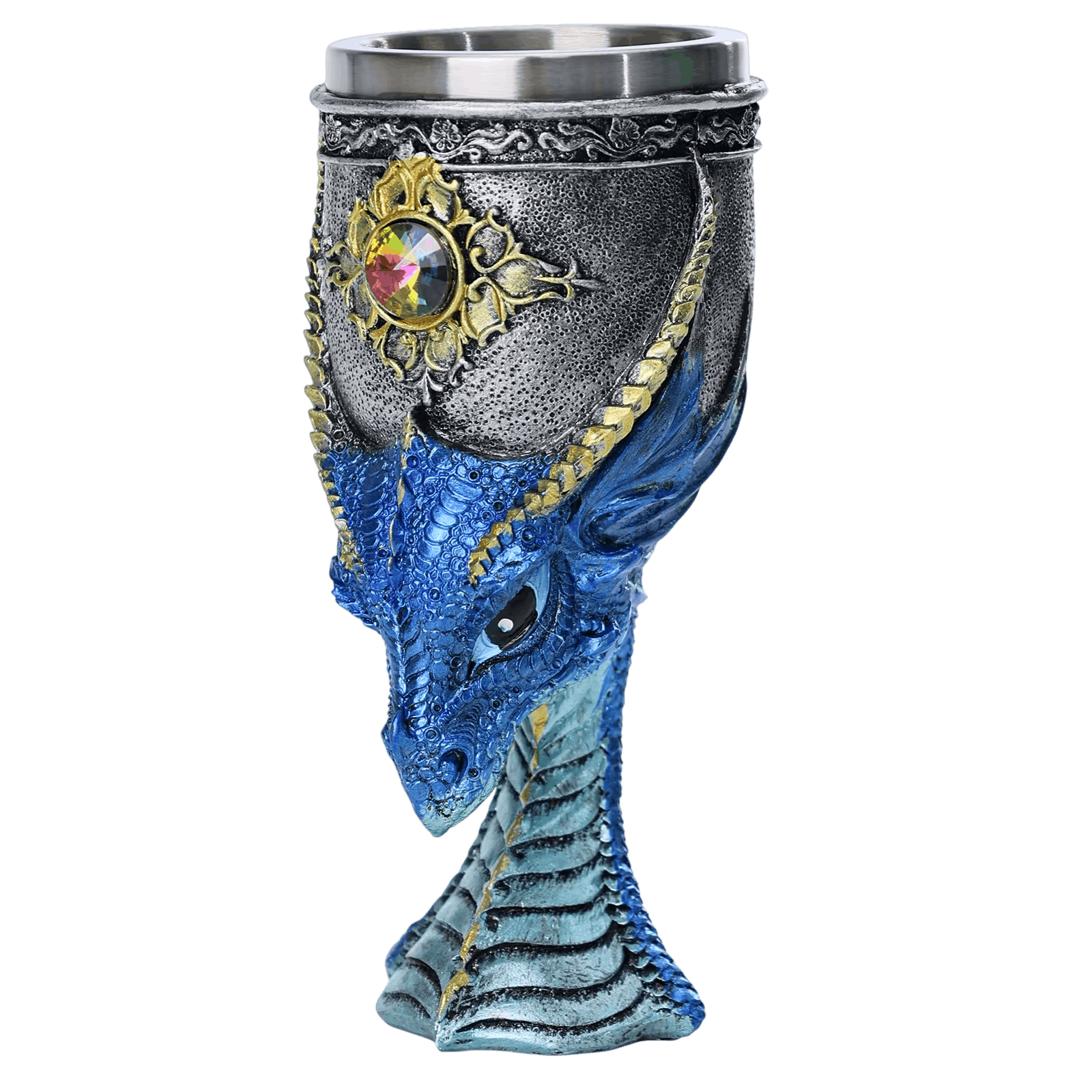Calice tête de dragon bleu en haut-relief, médaillon doré à gemme et godet acier inoxydable