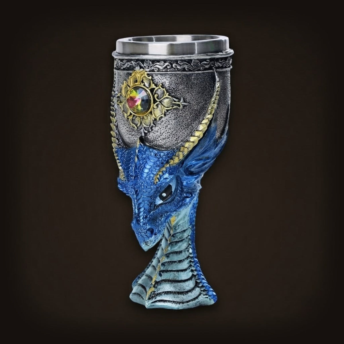 Calice tête de dragon bleu en haut-relief, médaillon doré à gemme et godet acier inoxydable