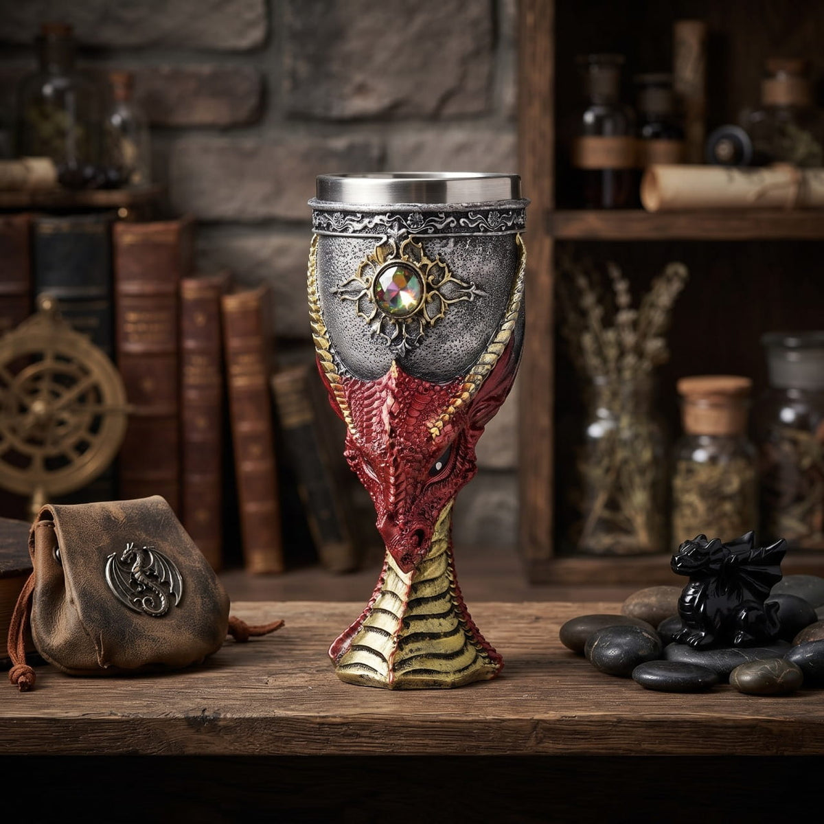 Calice tête de dragon rouge présenté dans une ambiance de forge