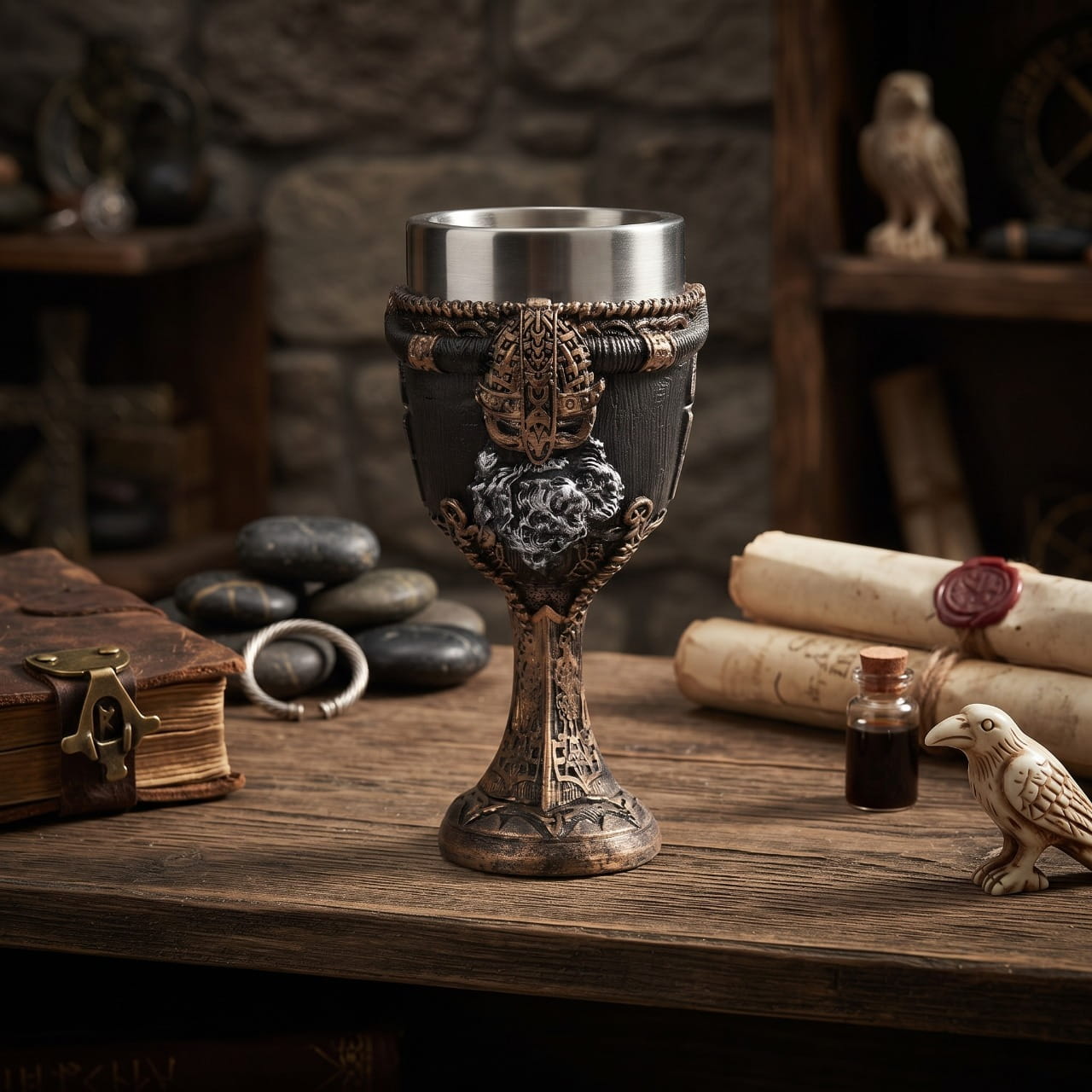 Calice viking casque de bronze posé sur une table de bois en lumière chaude