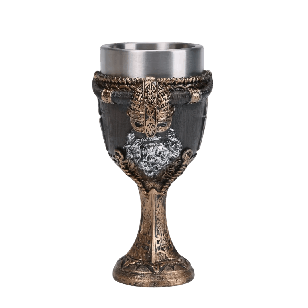Calice viking en résine patinée bronze, casque nordique et tête de loup argentée, godet acier