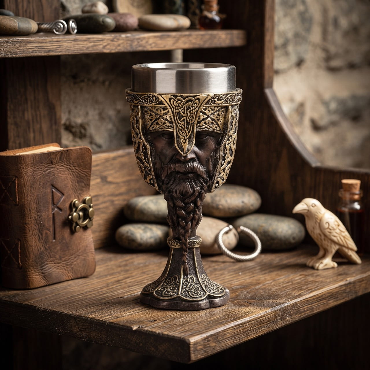 Calice viking guerrier barbu posé sur une étagère en bois, entouré d'un grimoire runique et d'un corbeau sculpté