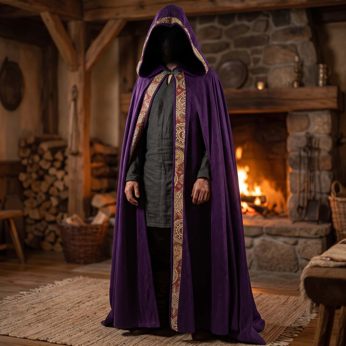 Cape Médiévale à Capuche Violette : Galon Tissé, Longueur au Sol, vue en situation