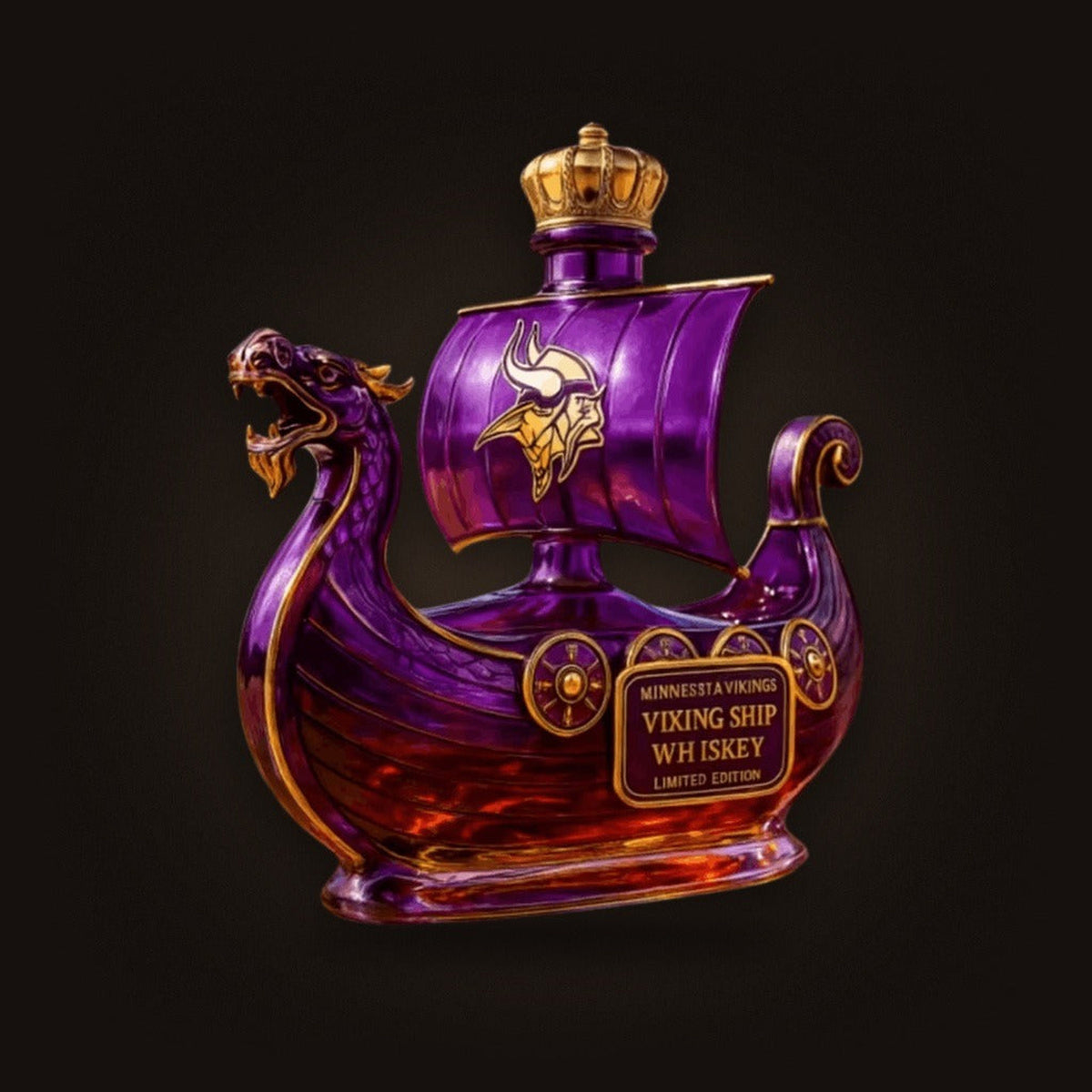 Carafe en forme de drakkar, robe violette et ambre, voile frappée d'un profil de guerrier casqué