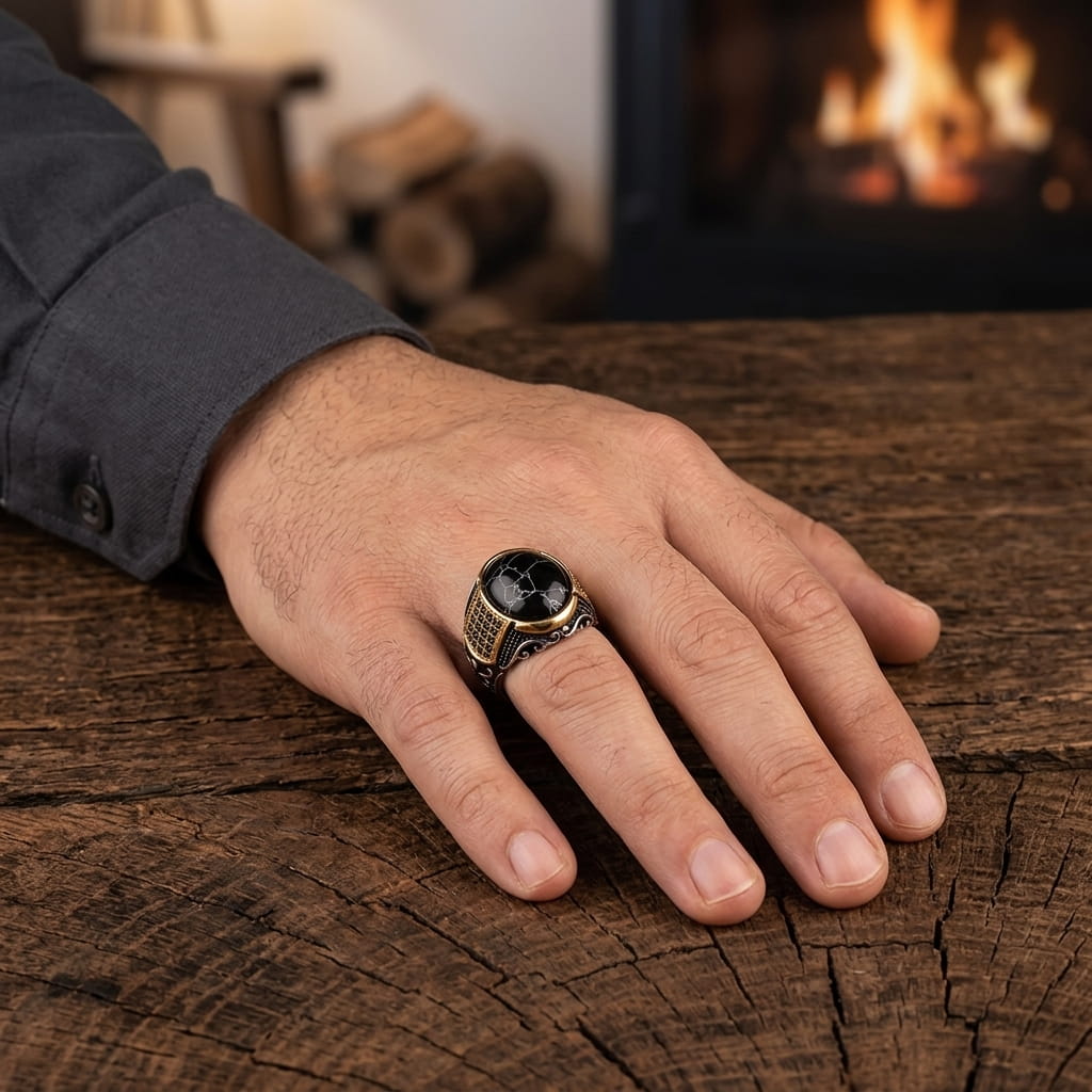 Chevalière à pierre noire veinée et zircons dorés portée au doigt, main sur une table en bois près du feu