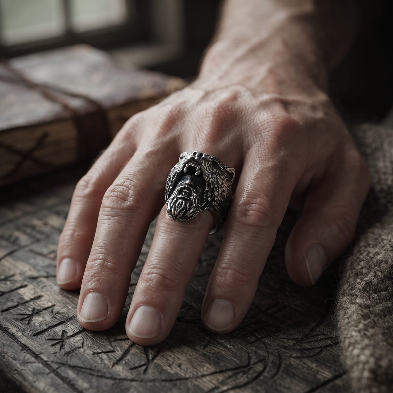 Chevalière en acier à tête d'ours portée à l'annulaire d'une main d'homme posée sur une table gravée de runes