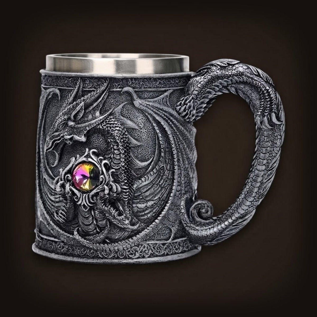 Chope dragon noire à anse en dragon enroulé, gemme sertiée et intérieur acier inoxydable