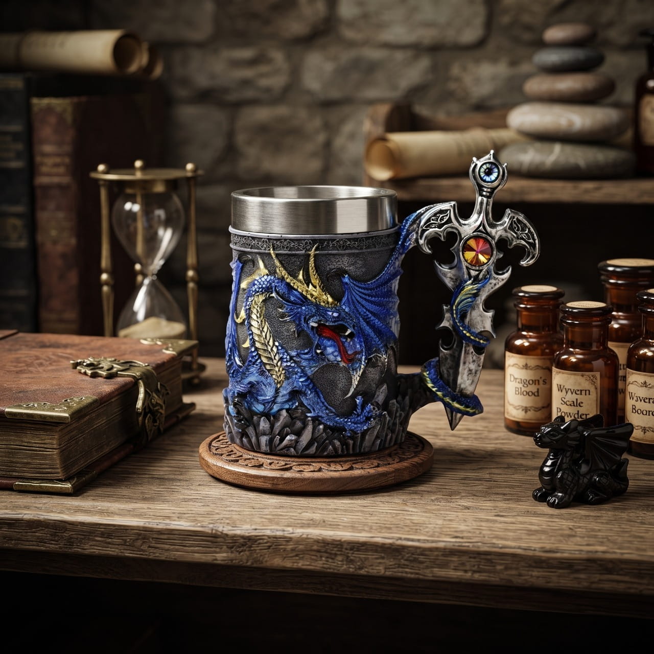 Chope dragon bleu à l'épée dans une ambiance sombre
