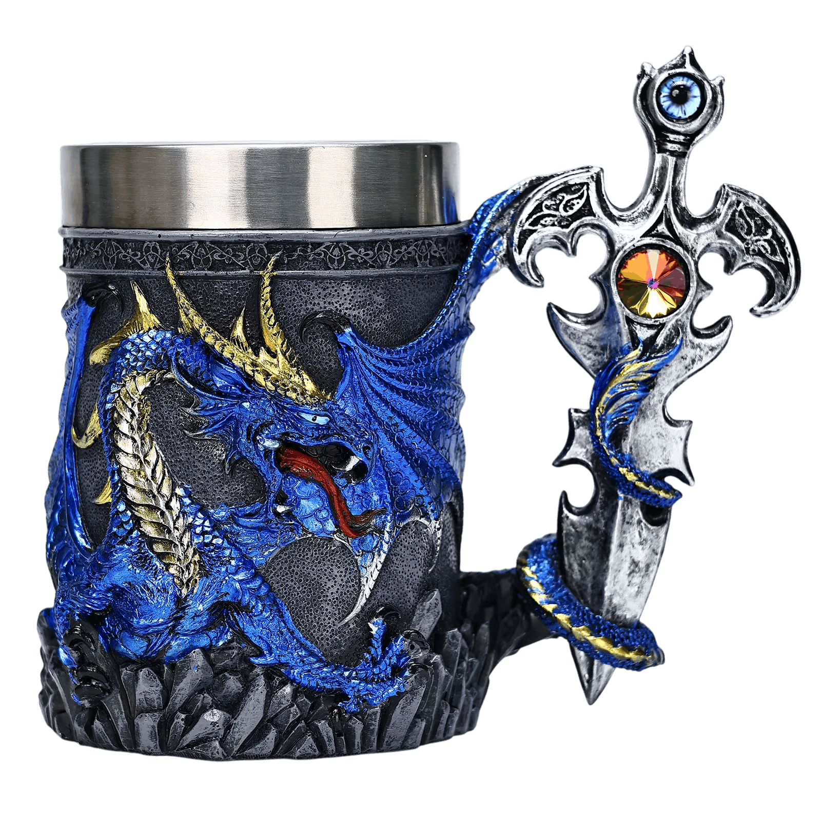 Chope au dragon bleu nuit et anse en épée crucifère