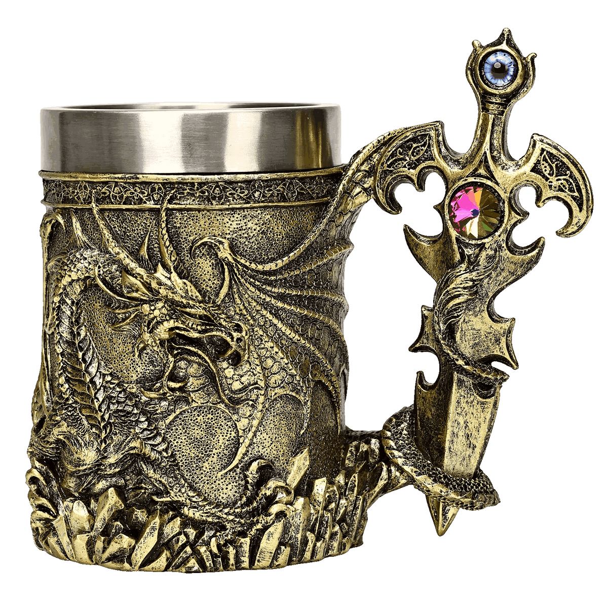 Chope au dragon doré et anse en épée ajourée