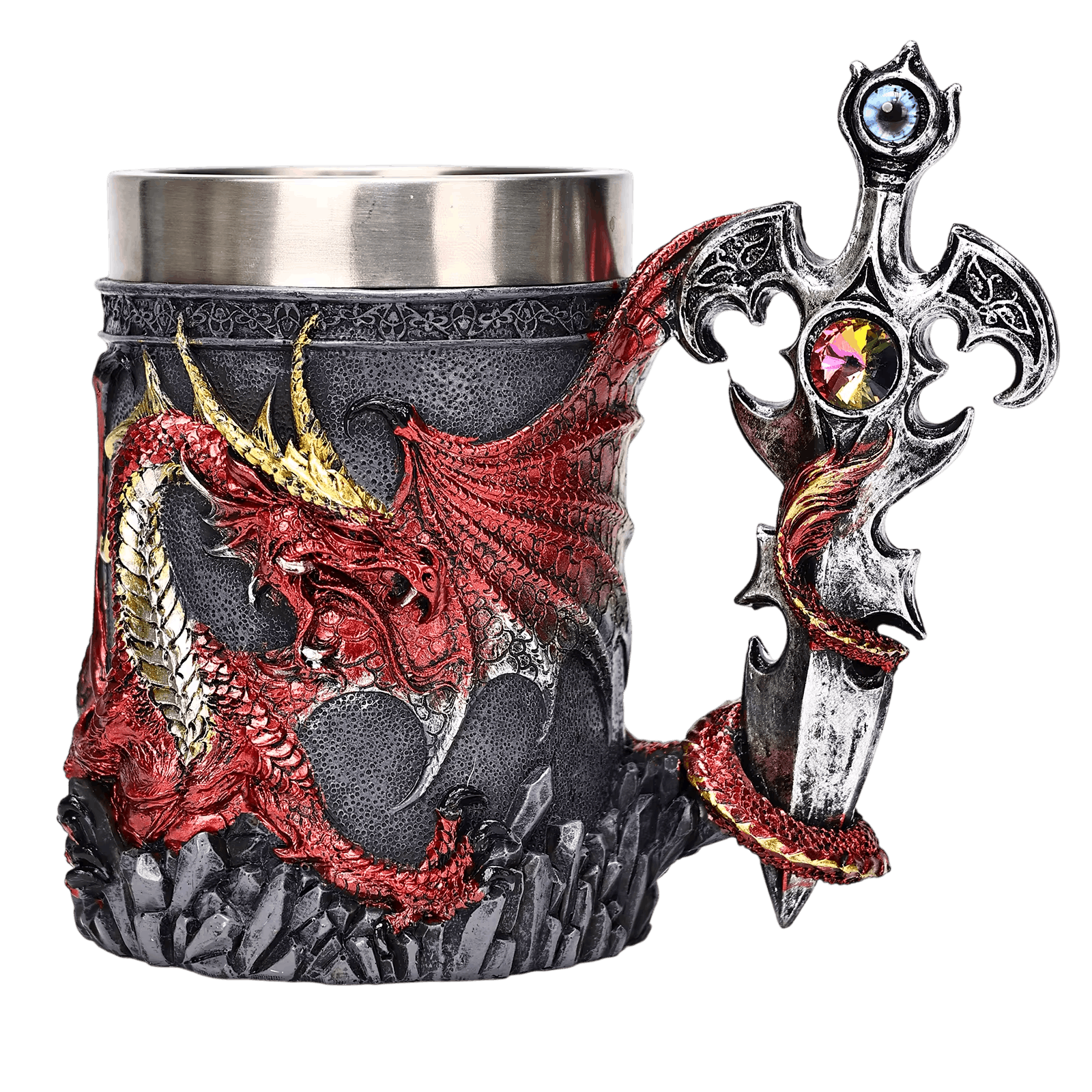 Chope au dragon rouge lové et anse en épée crucifère sertiée de gemmes