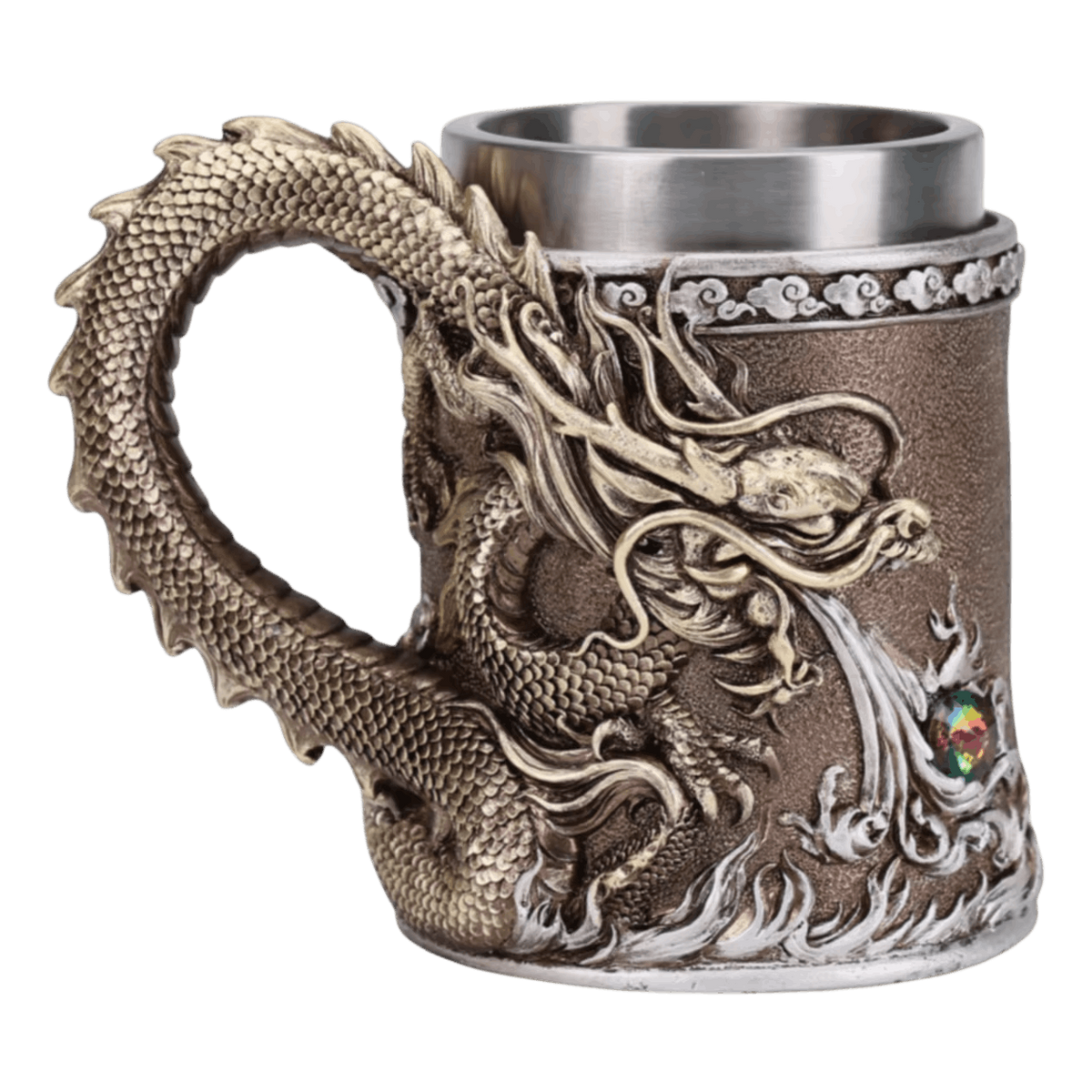 Chope dragon oriental bronze, volutes de nuages et gemme sertiée
