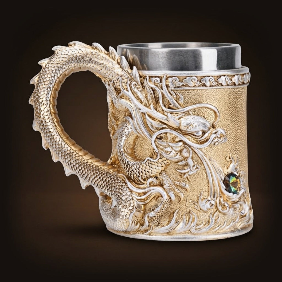 Chope au dragon oriental sculpté, anse en corps de dragon et intérieur acier inoxydable
