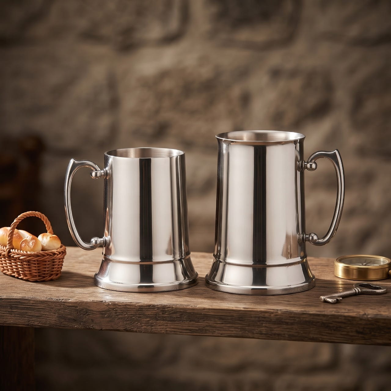 Deux chopes en acier inoxydable poli, formats 450 et 560 ml, posées côte à côte sur une table en bois brut devant un mur de pierre, à côté d'un panier d'osier et d'une clé ancienne.