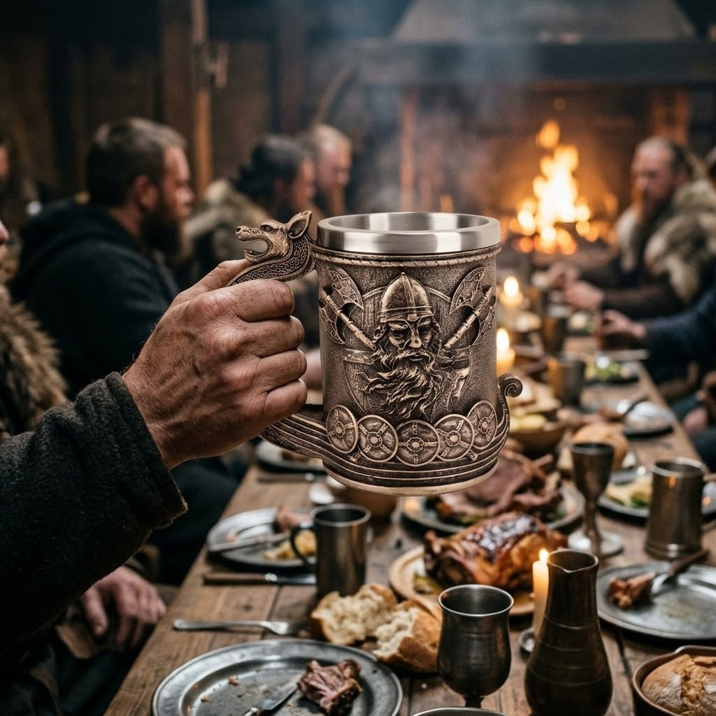 Chope viking finition étain vieilli au guerrier casqué et anse en proue de drakkar, tenue à la main au-dessus d'une table de banquet dans une maison longue
