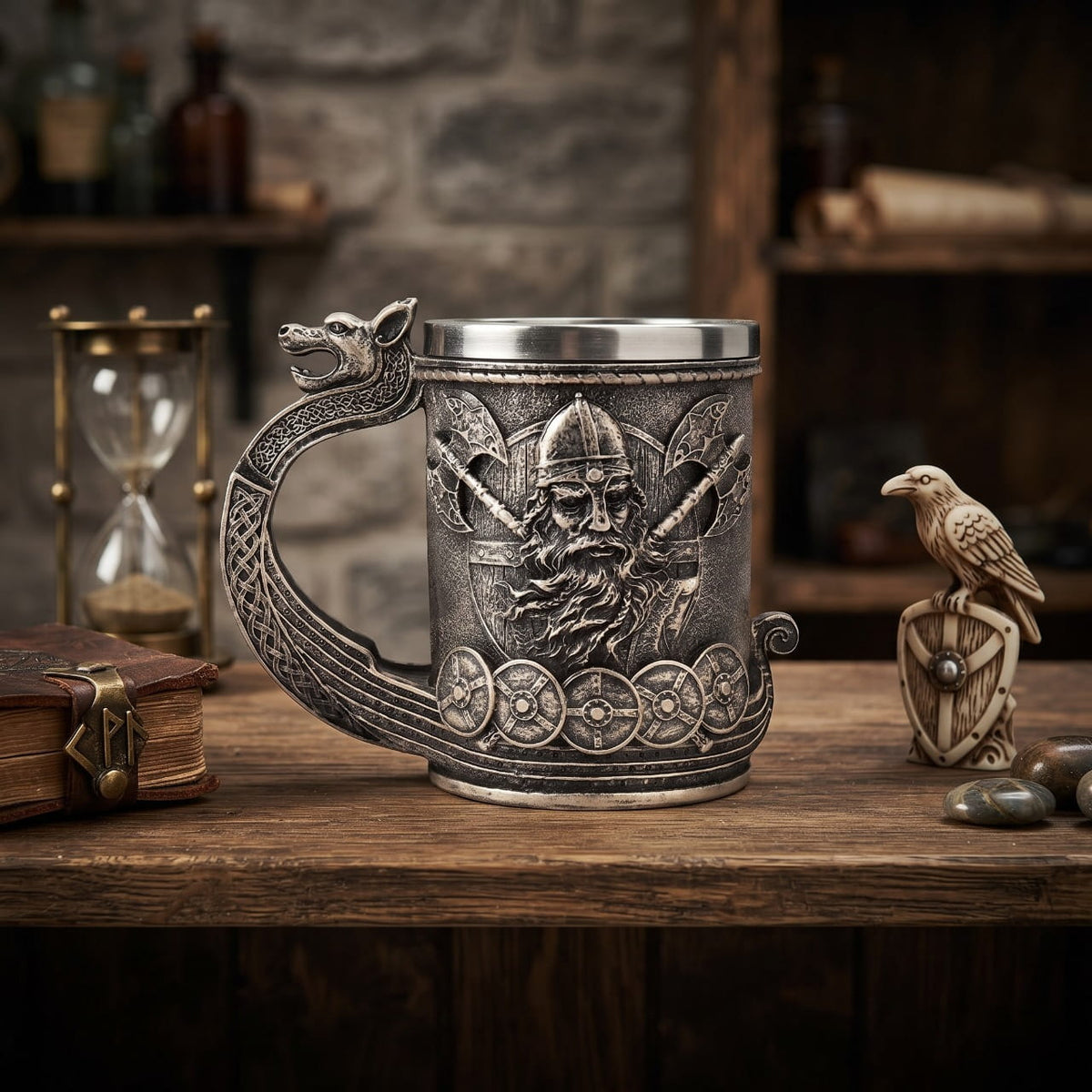 Chope Viking Acier Inoxydable : Le Tankard — résine sculptée haute qualité — en situation