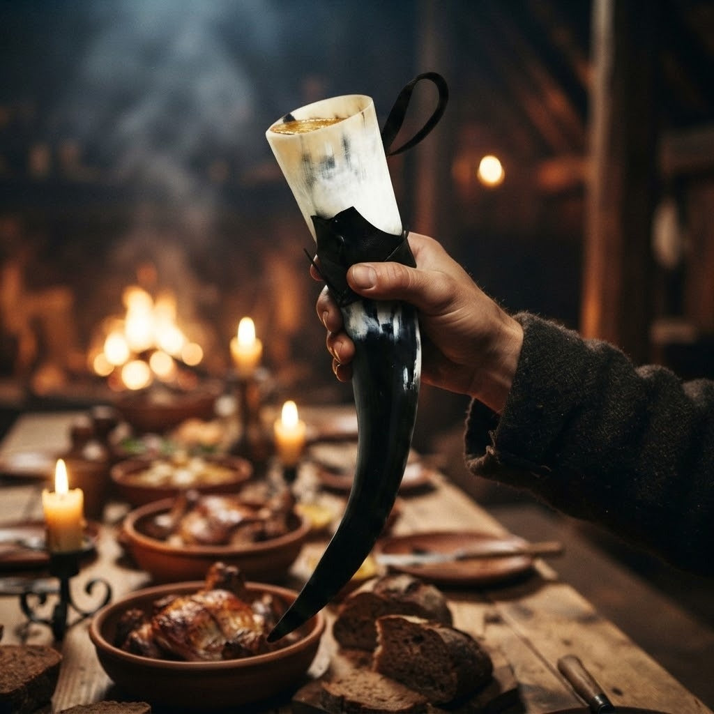 Corne à boire viking en corne de bœuf naturelle, 380 ml, sangle de cuir noir, levée à la main au-dessus d'une table de banquet viking