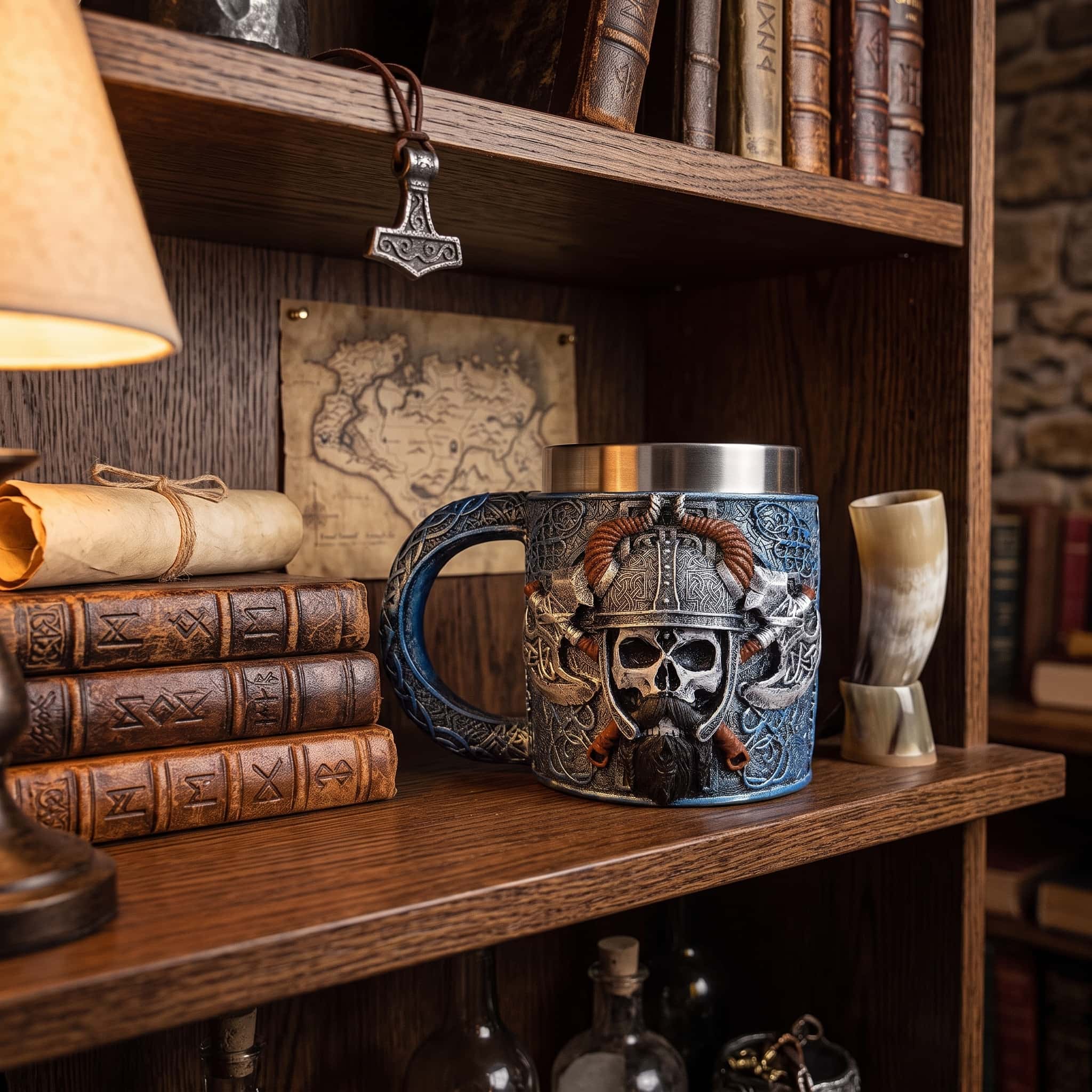 Chope Viking Crâne au Casque Cornu : Bleue, 400 ml, posée sur une étagère de bois