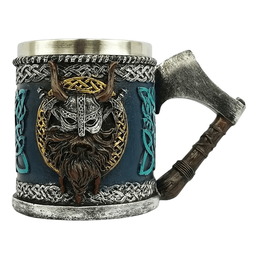Chope viking Le Conquérant 450ml avec anse sculptée en forme de hache de guerre et visage de guerrier casqué. Mug fantaisie bleu et argent.