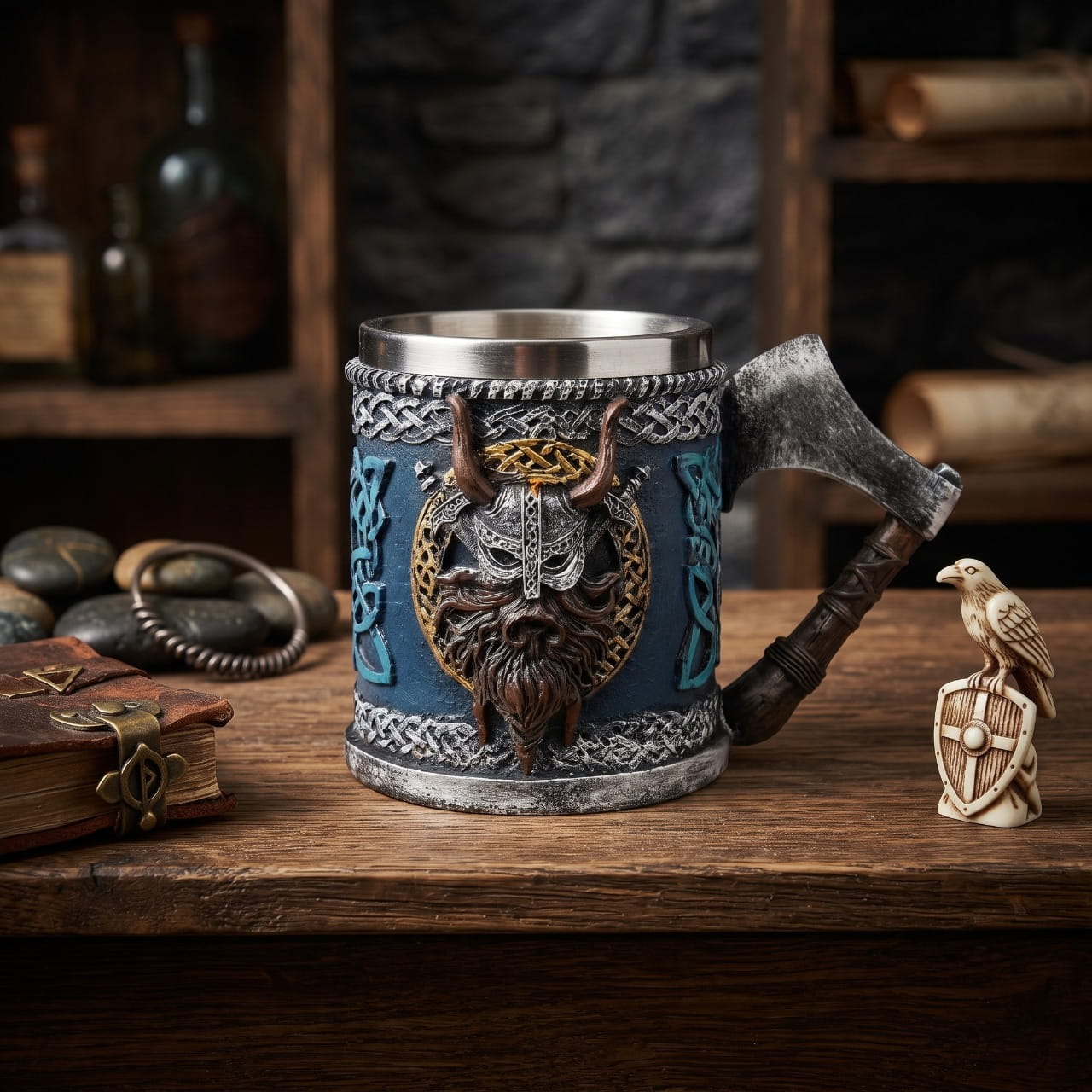Chope Viking "Le Conquérant" : Anse Hache de Guerre — résine sculptée — en situation