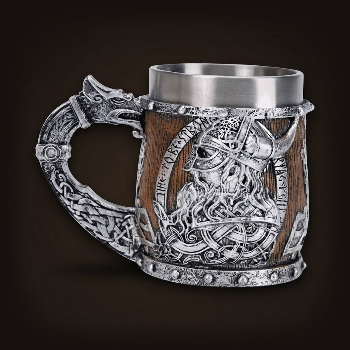 Chope Viking Lattes de Bois : Anse Tête de Dragon, 400 ml, vue de trois quarts