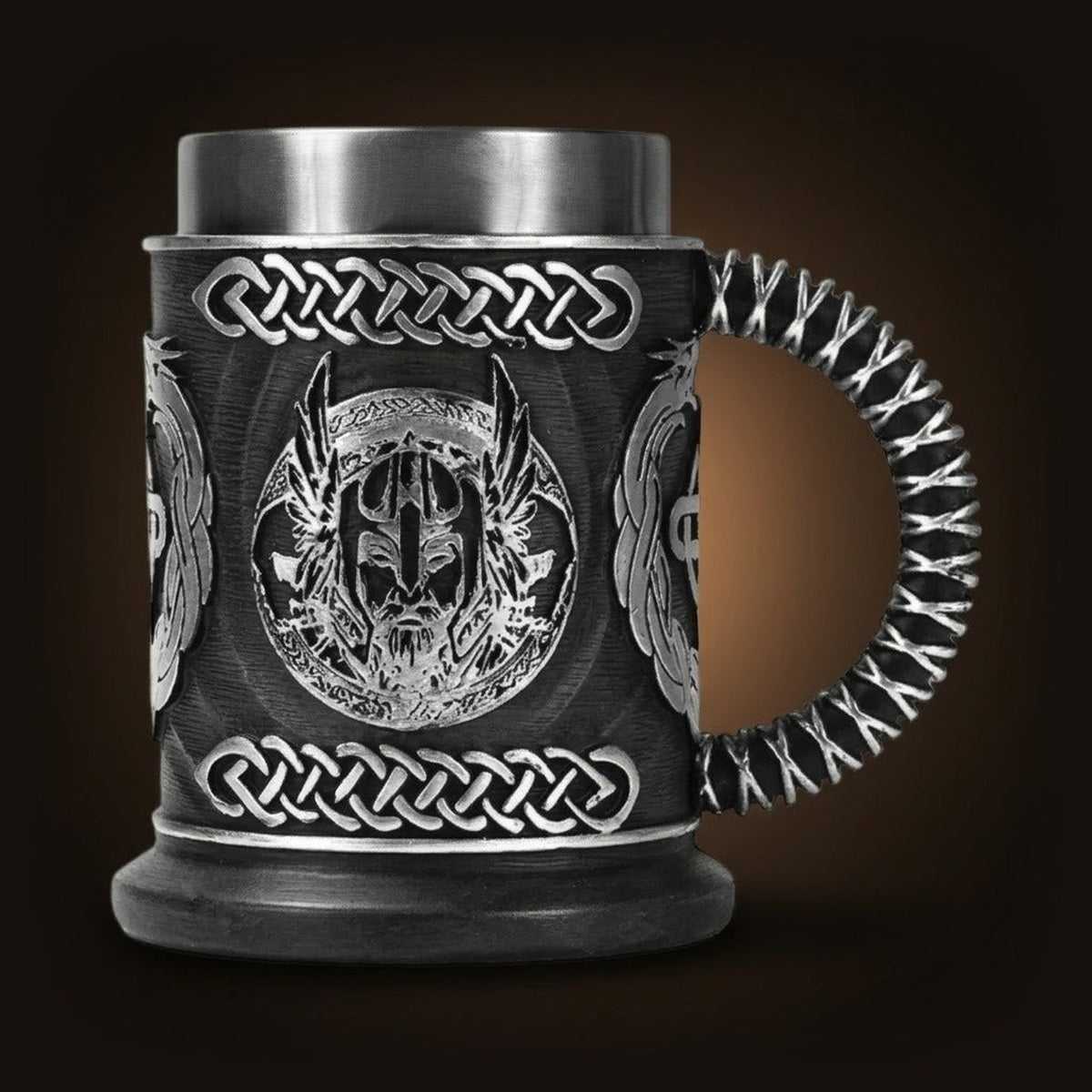 Chope viking avec médaillon du dieu Odin Père de Tout et entrelacs celtiques argentés, en résine et acier inoxydable