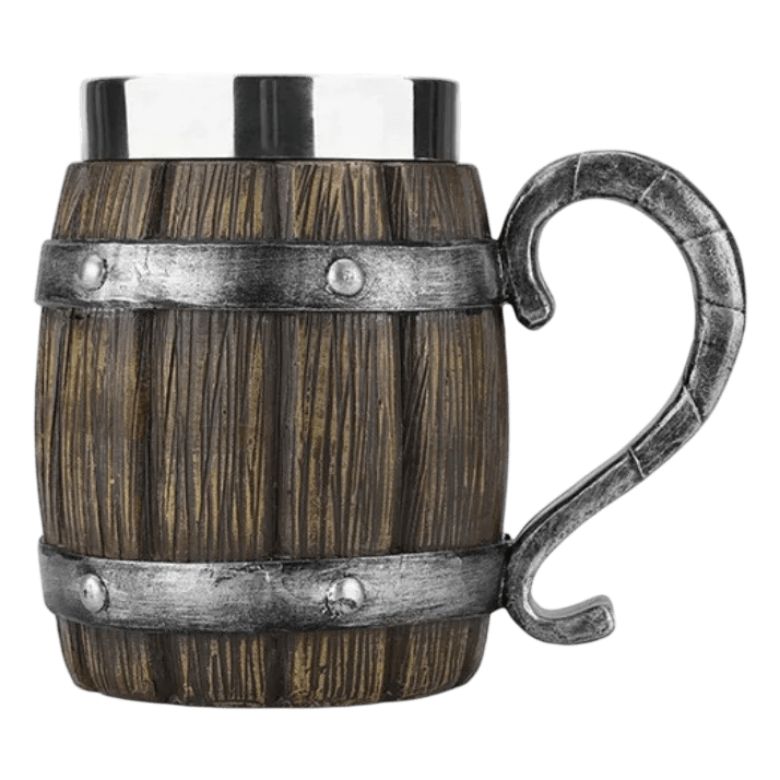 Chope viking tonneau 600ml avec anse métallique courbée imitation corne de bélier. Mug isotherme style médiéval.