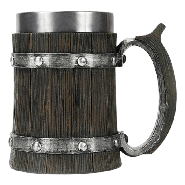 Chope viking 600ml imitation bois brûlé foncé avec anse large et repose-pouce. Mug tonneau sombre isotherme.