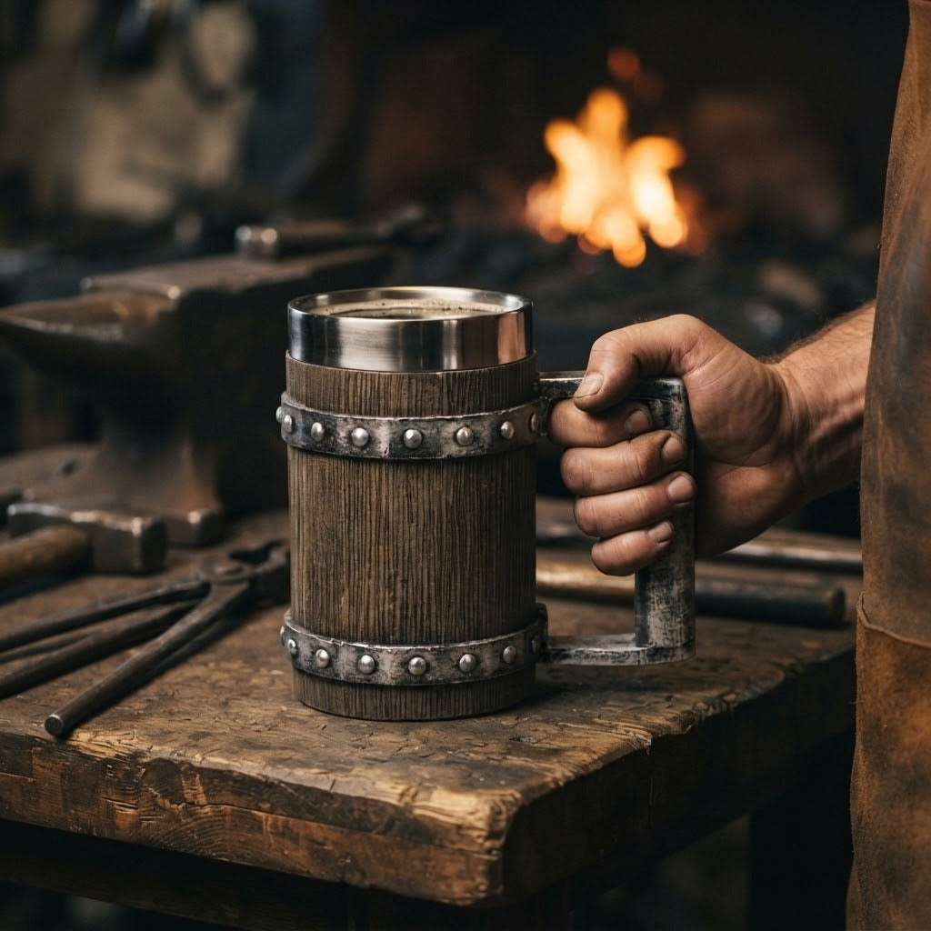 Chope viking tonneau aspect bois cerclée de métal riveté, anse carrée, 60 cl, tenue à la main sur l'établi d'une forge