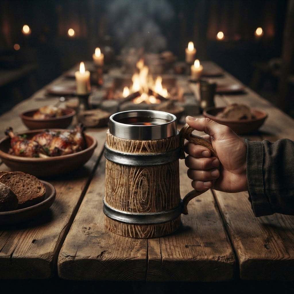 Chope viking tonneau Tradition à anse ergonomique, aspect bois cerclé de métal, 60 cl, tenue à la main sur une table de banquet viking